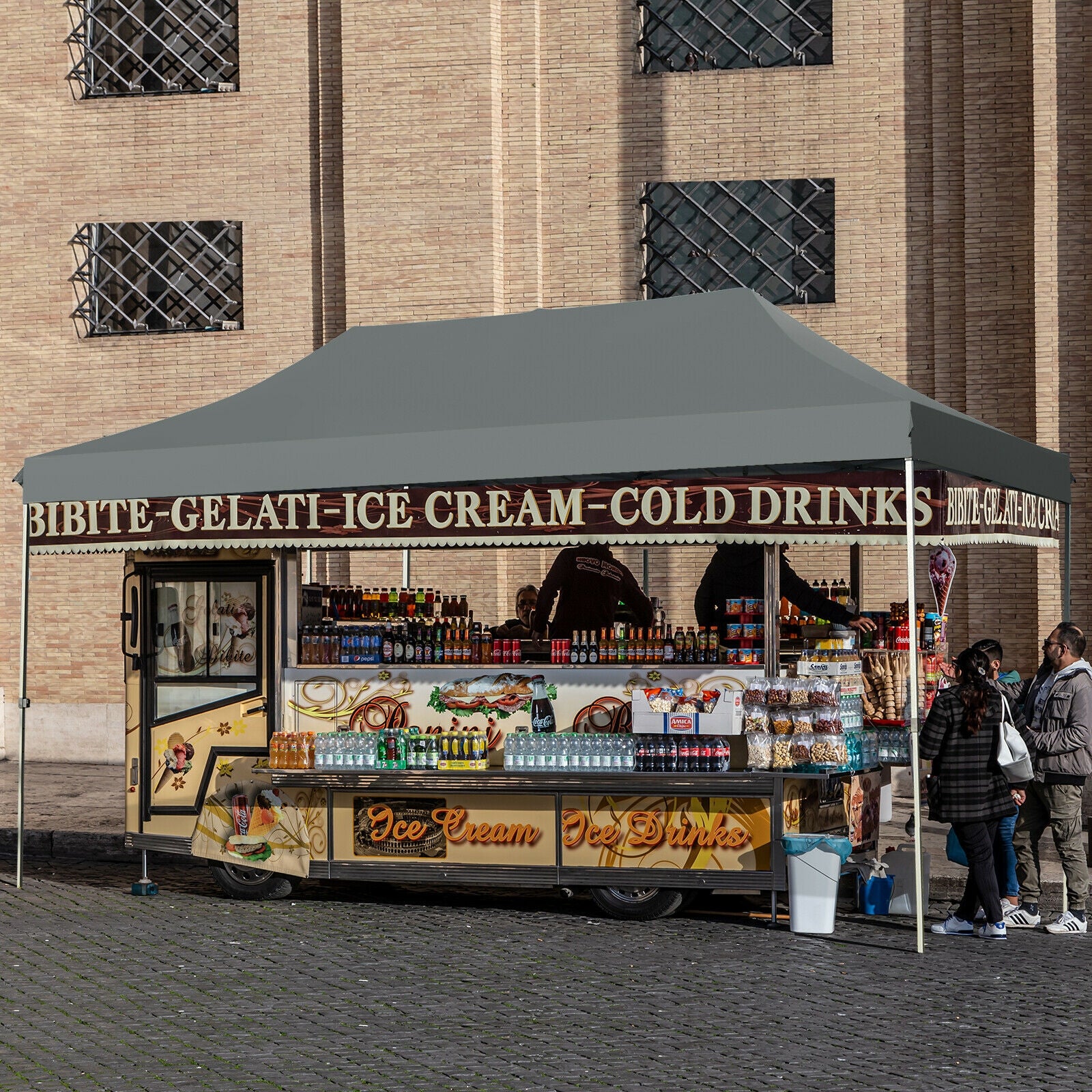 10x20 Feet Adjustable Heavy Duty Folding Canopy Shelter with Carry Bag - Gray, Water Resistant, set up as a shade over a food cart at an outdoor event.