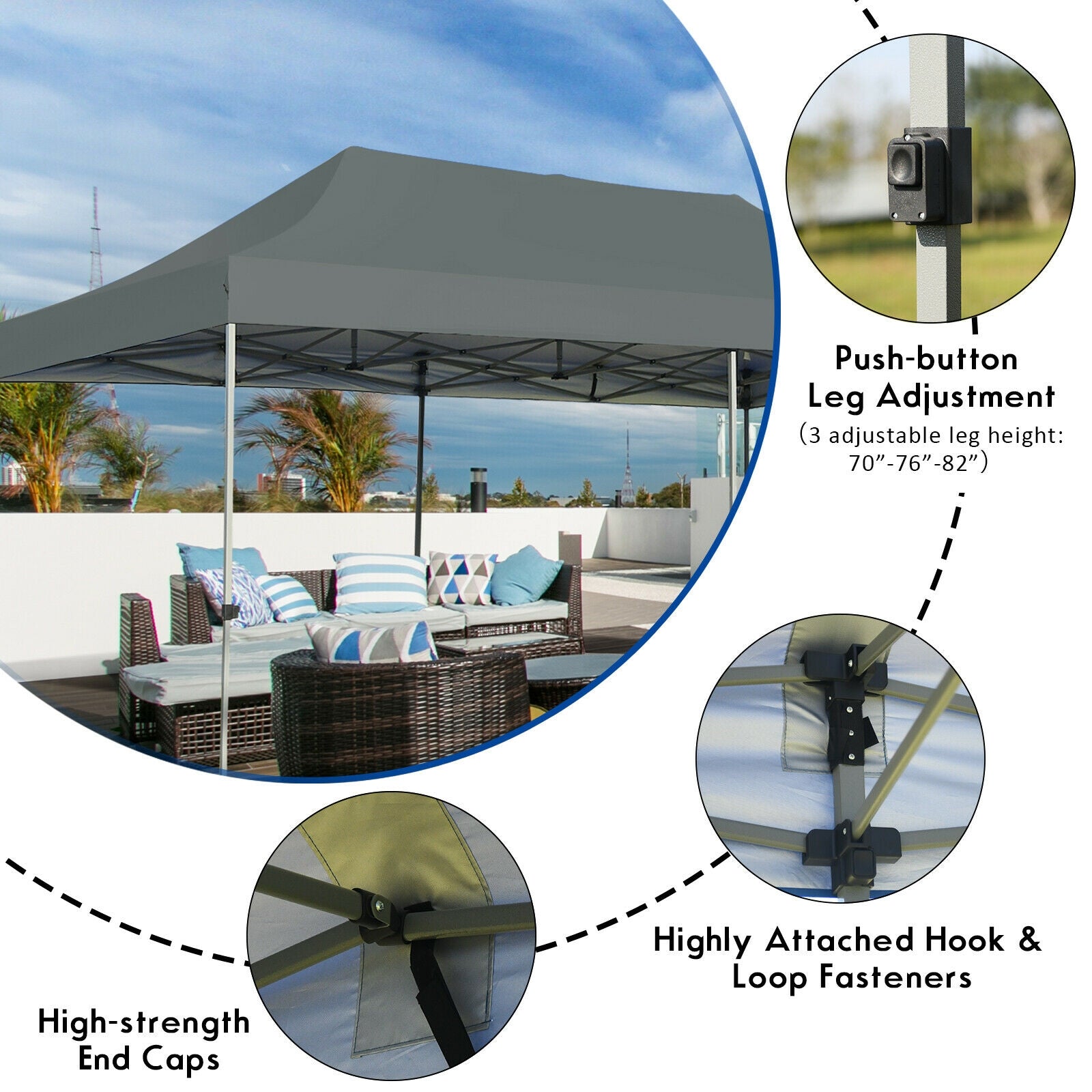 Features of the 10x20 Feet Adjustable Heavy Duty Folding Canopy Shelter with Carry Bag - Gray, Water Resistant, showcasing push-button leg adjustments and sturdy design elements.
