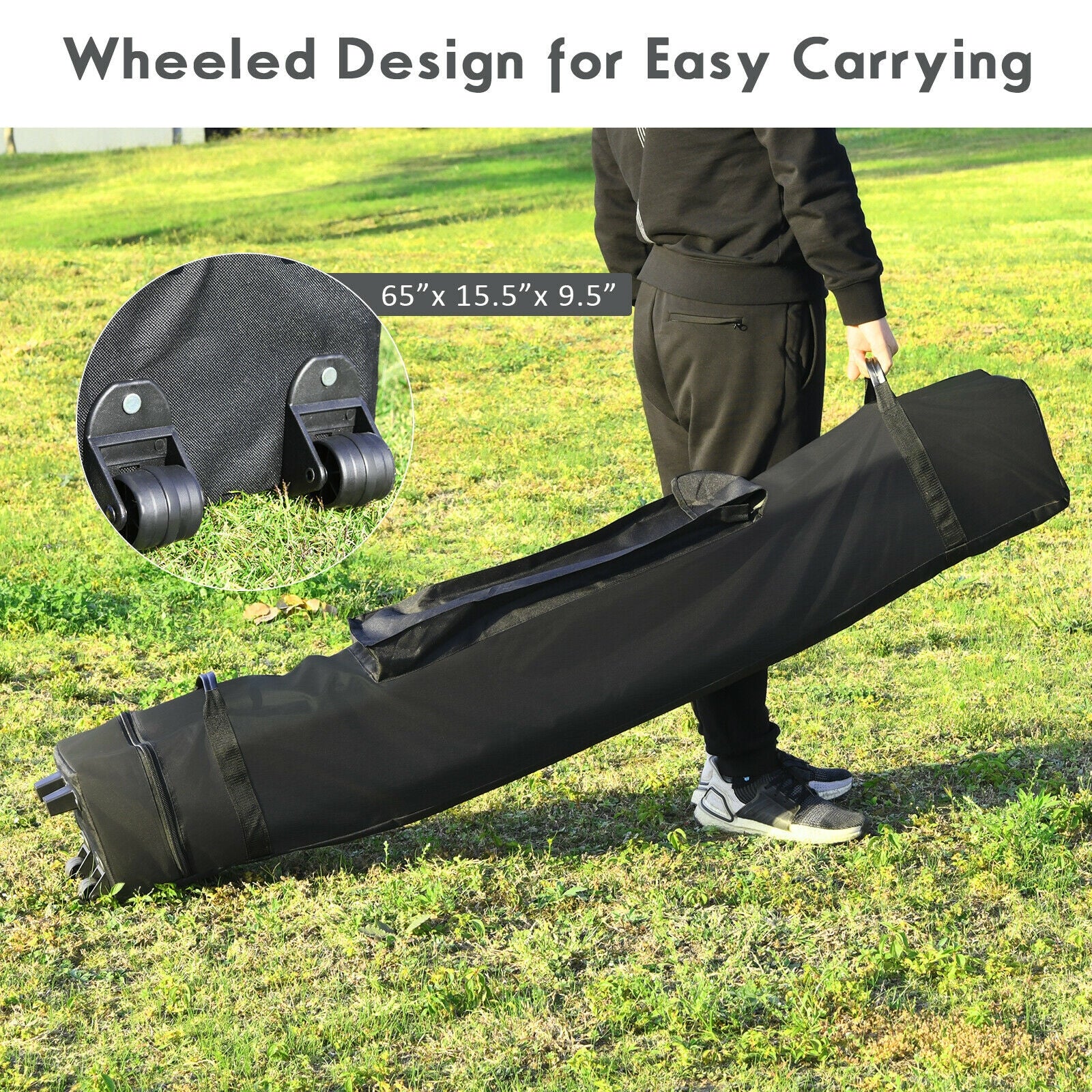 Wheeled design for easy carrying of the 10x20 Feet Adjustable Heavy Duty Folding Canopy Shelter with Carry Bag - Gray, Water Resistant, showcasing convenient wheels and dimensions of 65” x 15.5” x 9.5”.