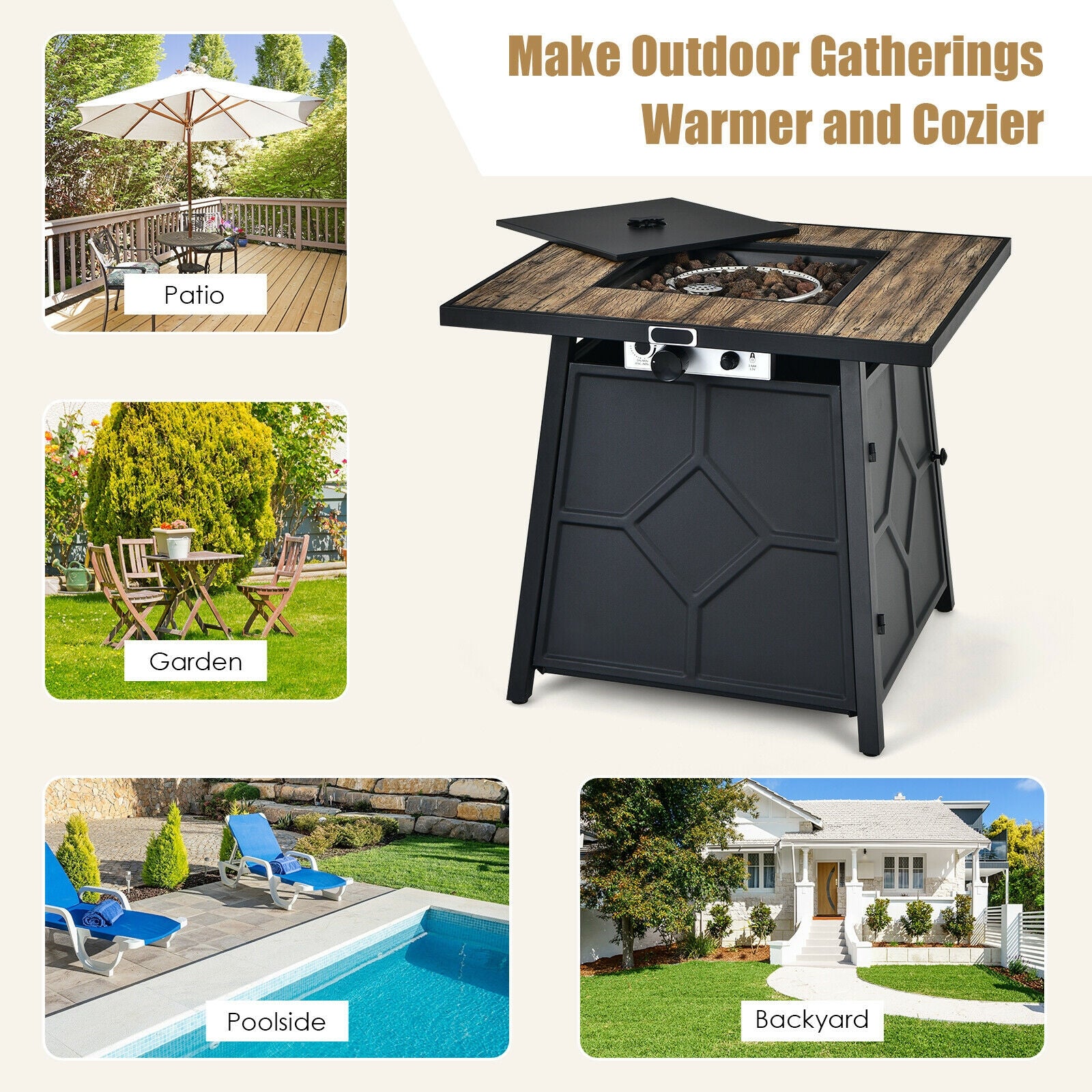 28" 40,000 BTU Propane Gas Fire Pit Table with Cover, Lava Stones & CSA Certification displayed in various outdoor settings like patio, garden, poolside, and backyard, highlighting its multifunctional design for cozy gatherings.
