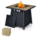 28" 40,000 BTU Propane Gas Fire Pit Table with Cover, Lava Stones & CSA Certification, highlighting the fire pit burning and the included waterproof cover beside it.