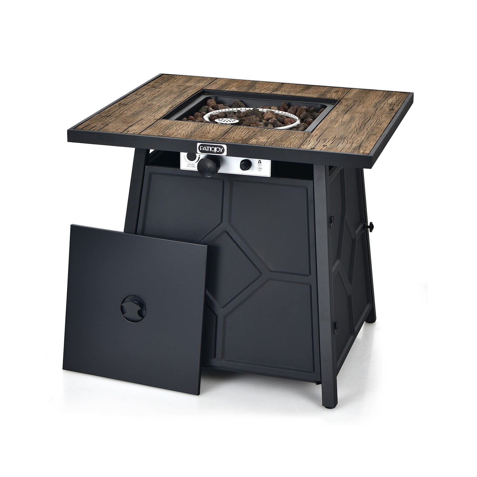 28" 40,000 BTU Propane Gas Fire Pit Table with Cover, Lava Stones & CSA Certification, showcasing the fire pit's design and controls for easy usage.