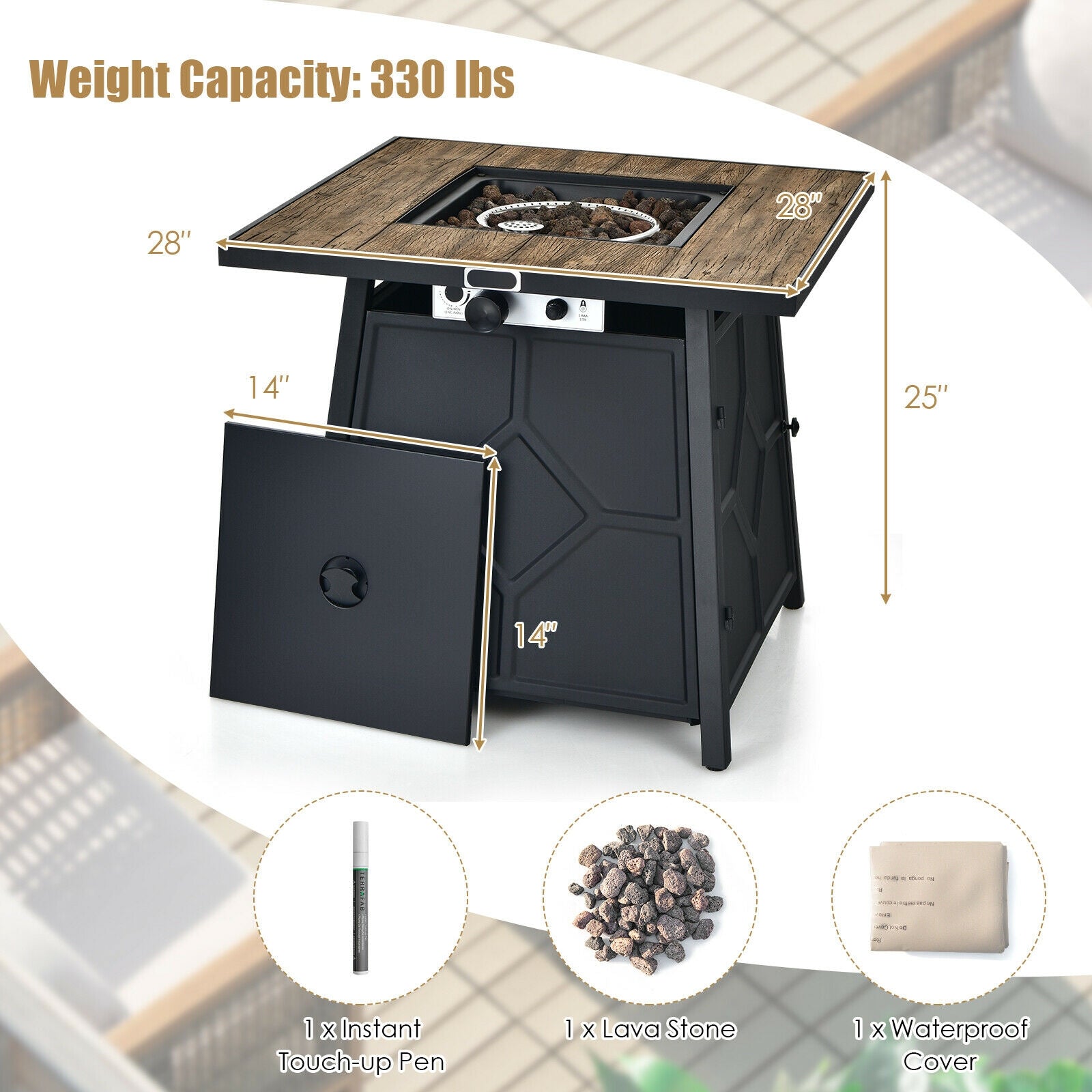 28" 40,000 BTU Propane Gas Fire Pit Table with Cover, Lava Stones & CSA Certification, detailing dimensions and accessories included like a touch-up pen and lava stones.