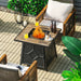 28" 40,000 BTU Propane Gas Fire Pit Table with Cover, Lava Stones & CSA Certification, featuring a cozy flame centerpiece, drinks, and surrounding chairs on a stylish patio.