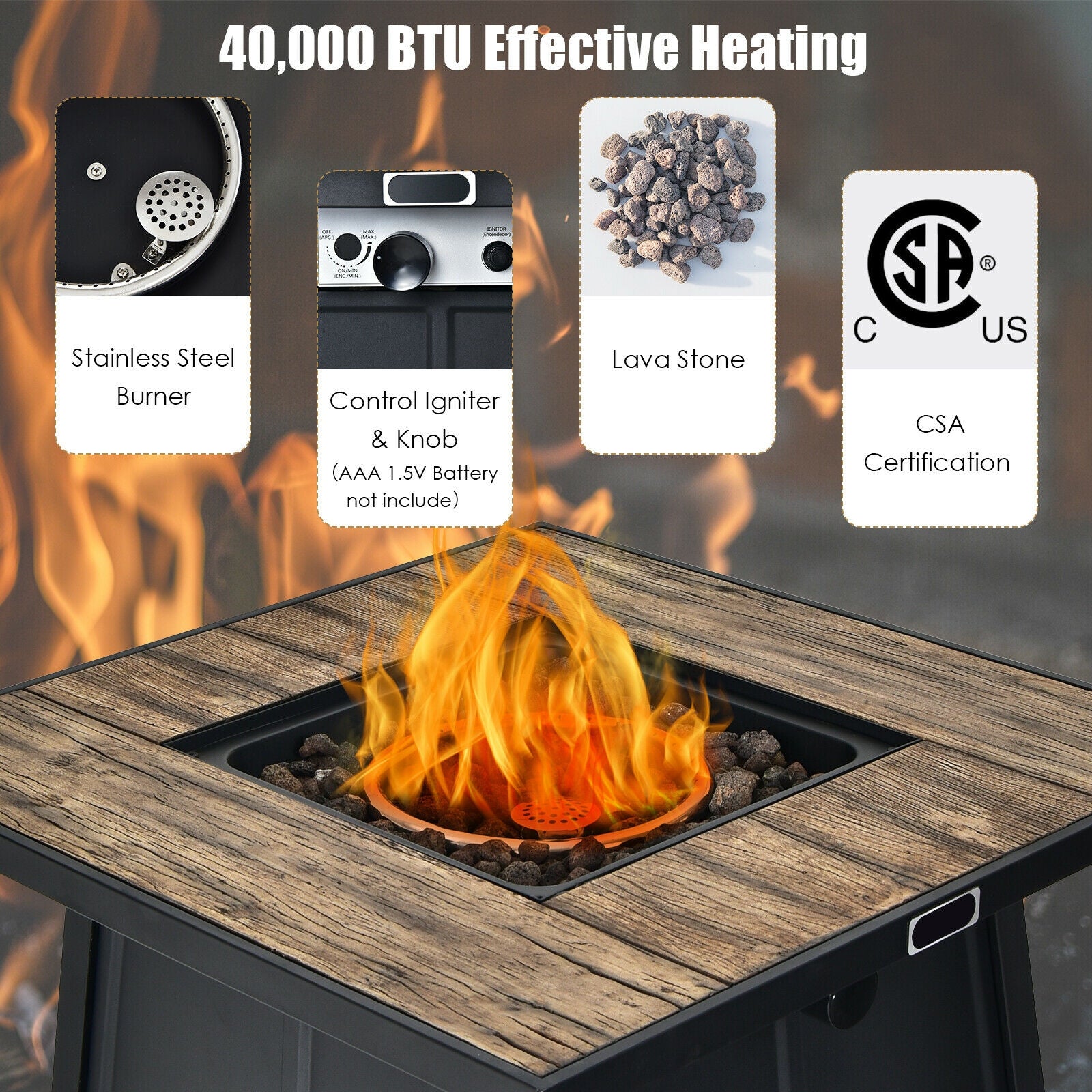 Close-up of the features of the 28" 40,000 BTU Propane Gas Fire Pit Table with Cover, Lava Stones & CSA Certification, including a stainless steel burner, control igniter, and lava stones for effective heating.