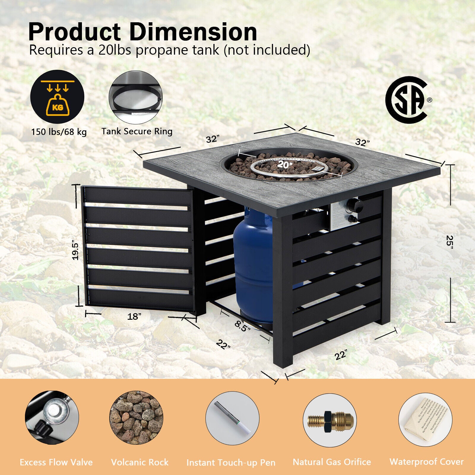 Dimensions and specifications of the 32" Square Propane Fire Pit Table with 50,000 BTU, ideal for outdoor use.