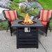 The 32" Square Propane Fire Pit Table with 50,000 BTU enhancing a backyard patio setup, perfect for relaxation.