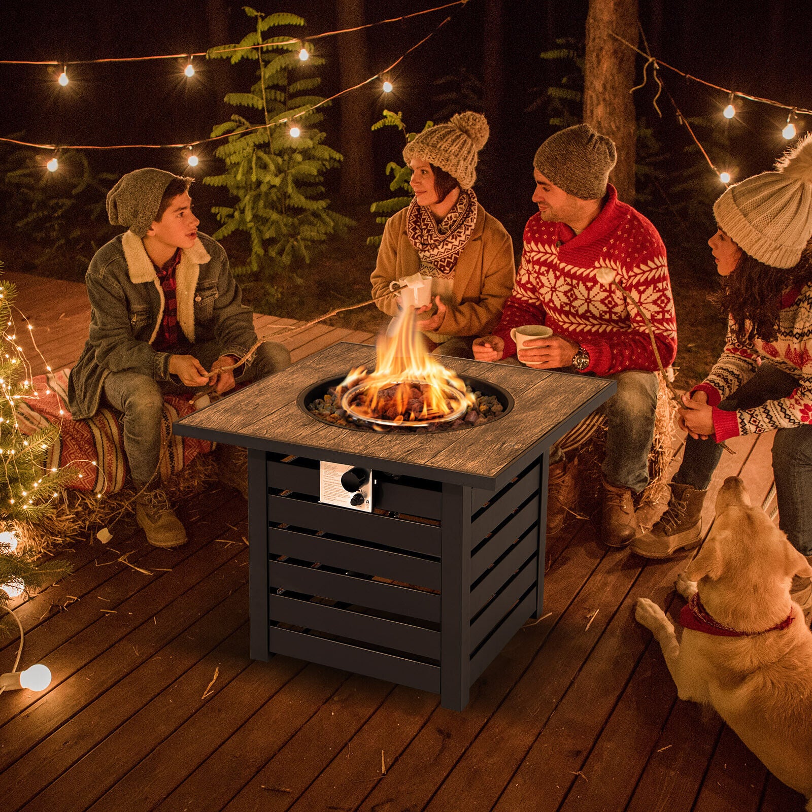 People enjoying a cozy night around the 32" Square Propane Fire Pit Table with 50,000 BTU, creating a warm atmosphere.