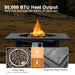 32" Square Propane Fire Pit Table showcasing 50,000 BTU heat output, volcanic rocks, and fireproof ore powder desktop, perfect for outdoor use.