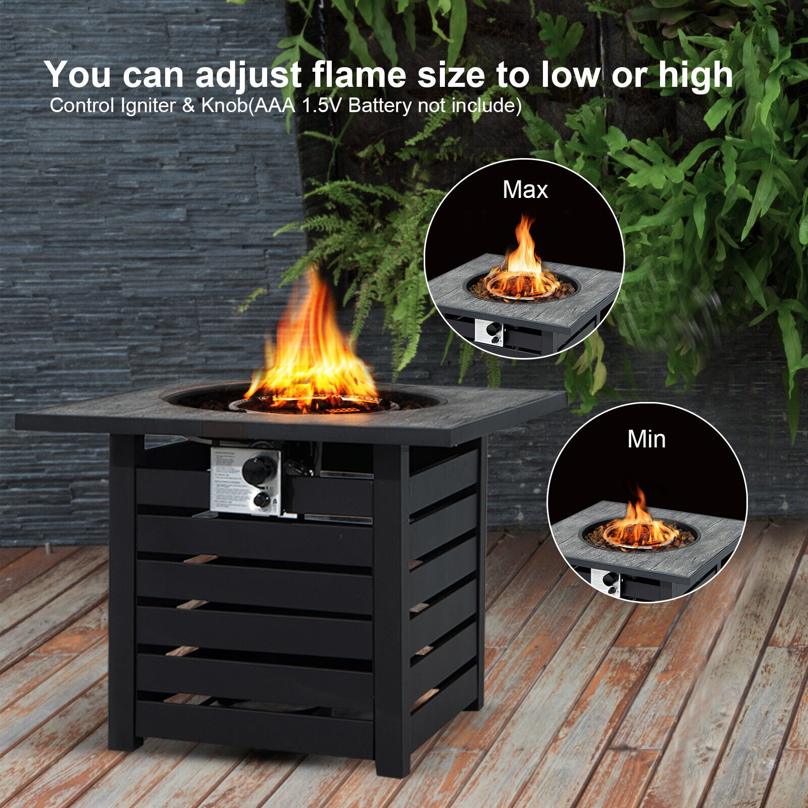 Close-up view of the 32" Square Propane Fire Pit Table with adjustable flame sizes, showcasing the ignition control feature among lush greenery.