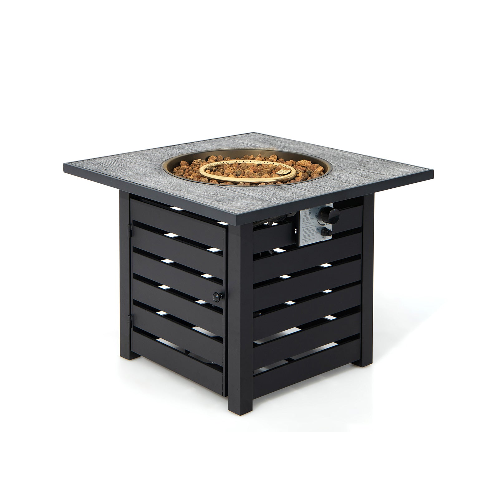 The 32" Square Propane Fire Pit Table with lava rocks displayed on a white background, highlighting its chic design and functionality for outdoor use.