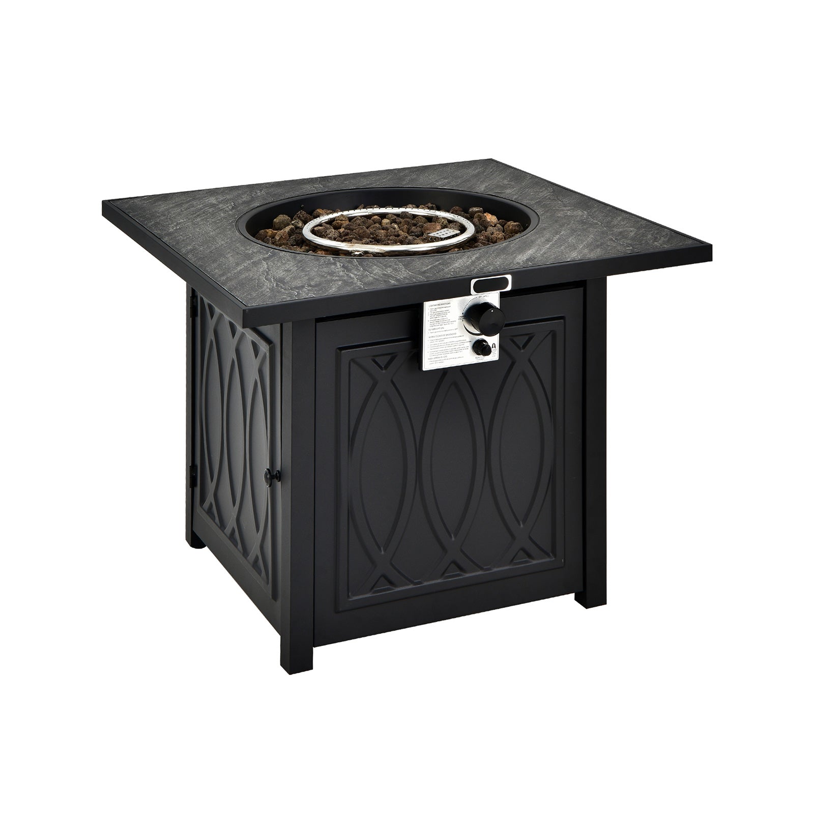 Stylish 32-Inch Propane Fire Pit Table with Lava Rocks, 50000 BTU, CSA Certified, Black showcasing its elegant design and heat control knob.