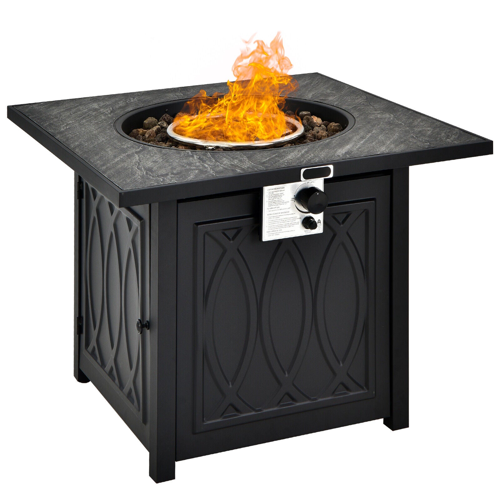 Close-up view of the 32-Inch Propane Fire Pit Table with Lava Rocks, 50000 BTU, CSA Certified, Black, featuring flames and intricate design details.