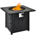 Close-up view of the 32-Inch Propane Fire Pit Table with Lava Rocks, 50000 BTU, CSA Certified, Black, featuring flames and intricate design details.