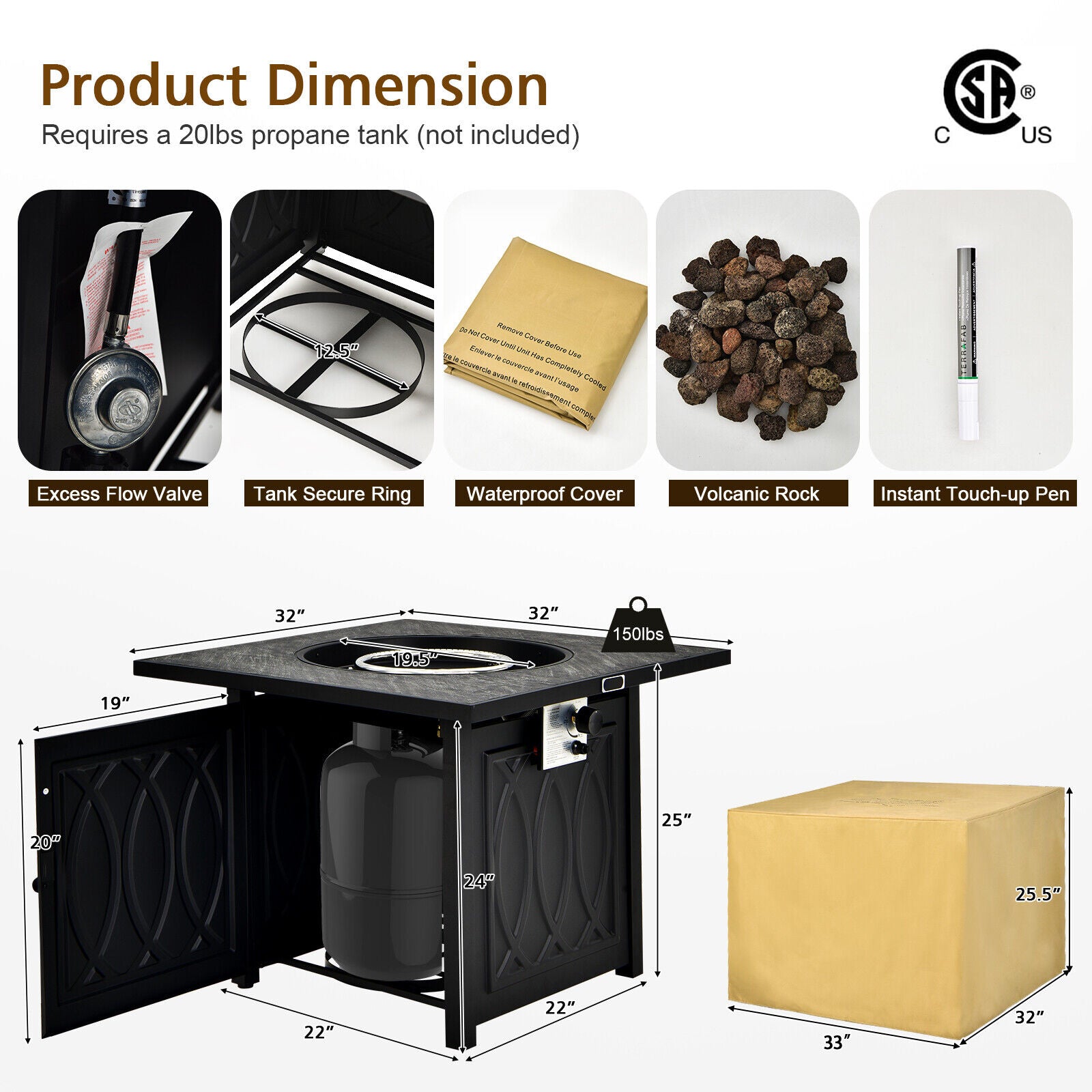 Dimensions of the 32-Inch Propane Fire Pit Table with Lava Rocks, showcasing a durable design requiring a 20 lbs propane tank.