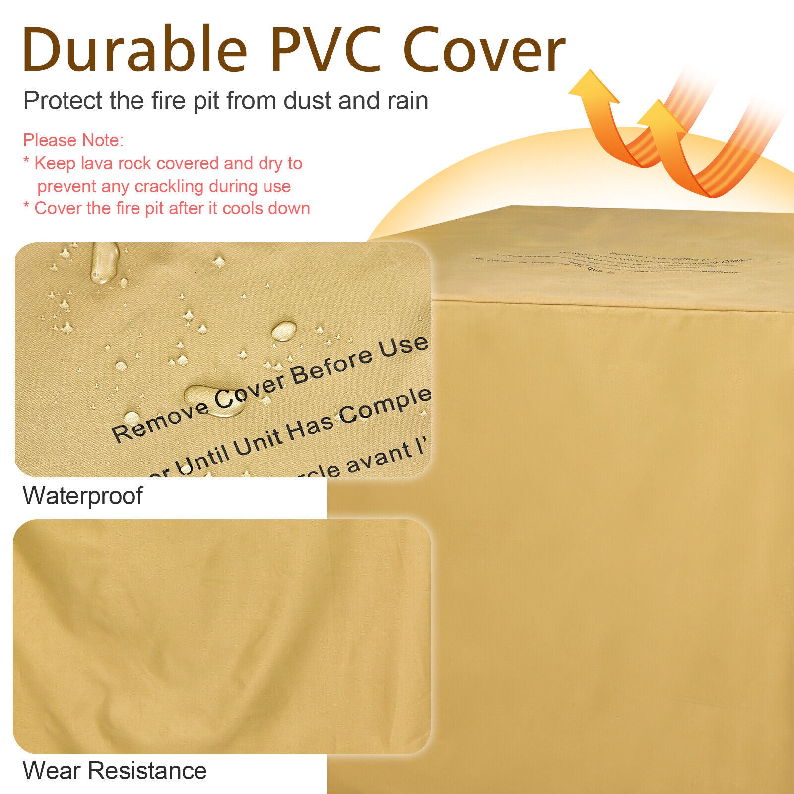 Durable PVC cover for the 32-Inch Propane Fire Pit Table with Lava Rocks, emphasizing waterproof and wear-resistant features.
