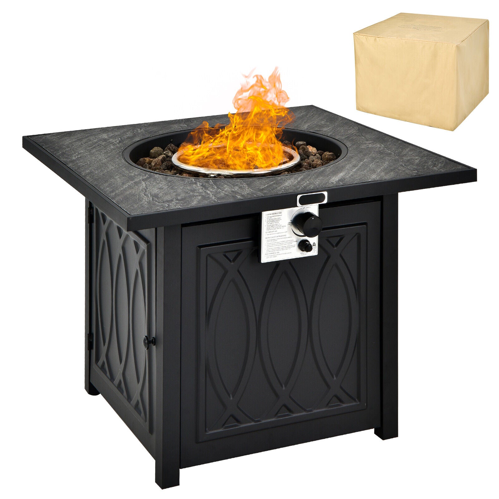 Stylish view of the 32-Inch Propane Fire Pit Table with Lava Rocks, highlighting the flame and included waterproof cover.