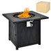 Stylish view of the 32-Inch Propane Fire Pit Table with Lava Rocks, highlighting the flame and included waterproof cover.