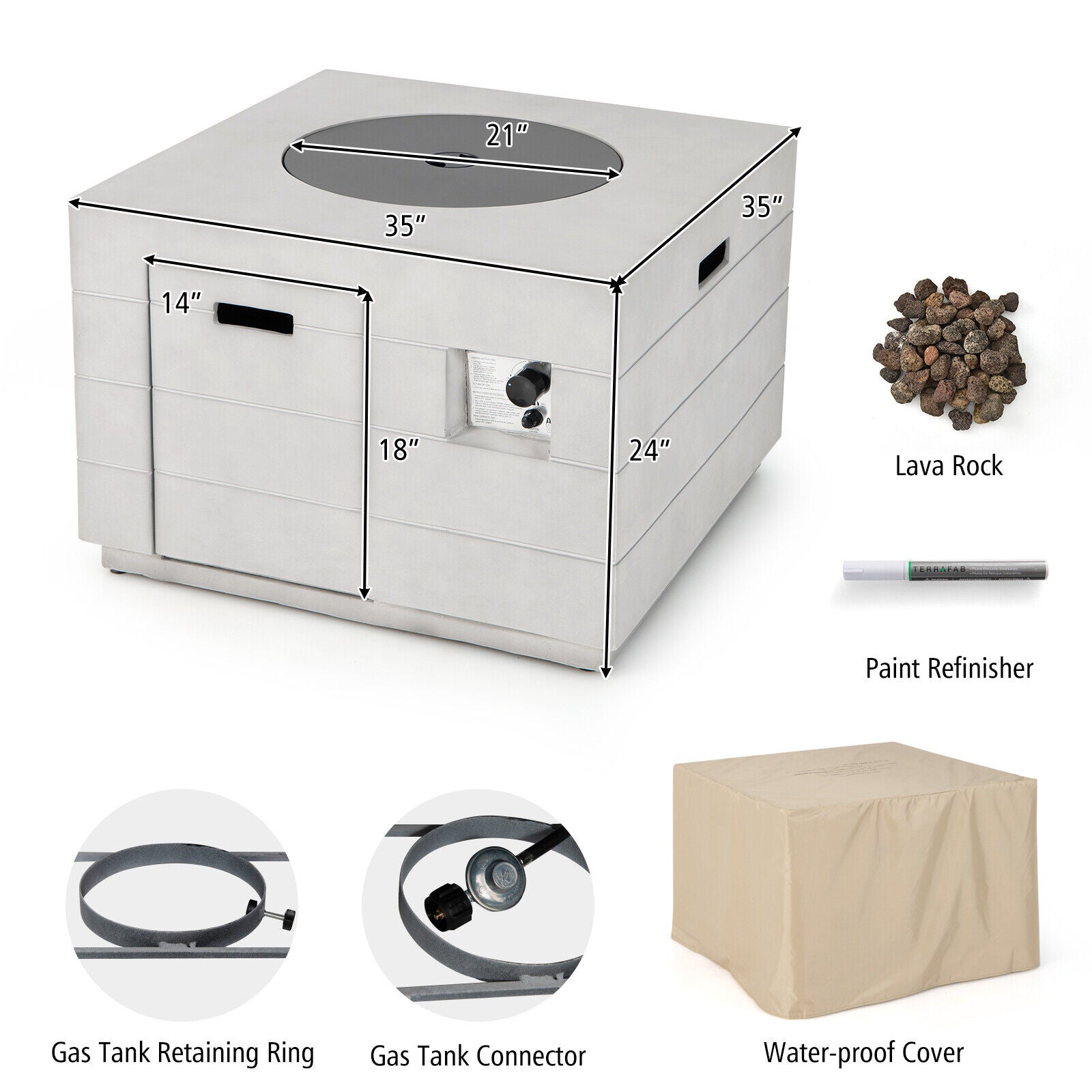 Dimensions and features of the 34" Square Concrete Propane Fire Pit Table including a waterproof cover and lava rock, perfect for outdoor gatherings.
