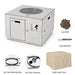 Dimensions and features of the 34" Square Concrete Propane Fire Pit Table including a waterproof cover and lava rock, perfect for outdoor gatherings.