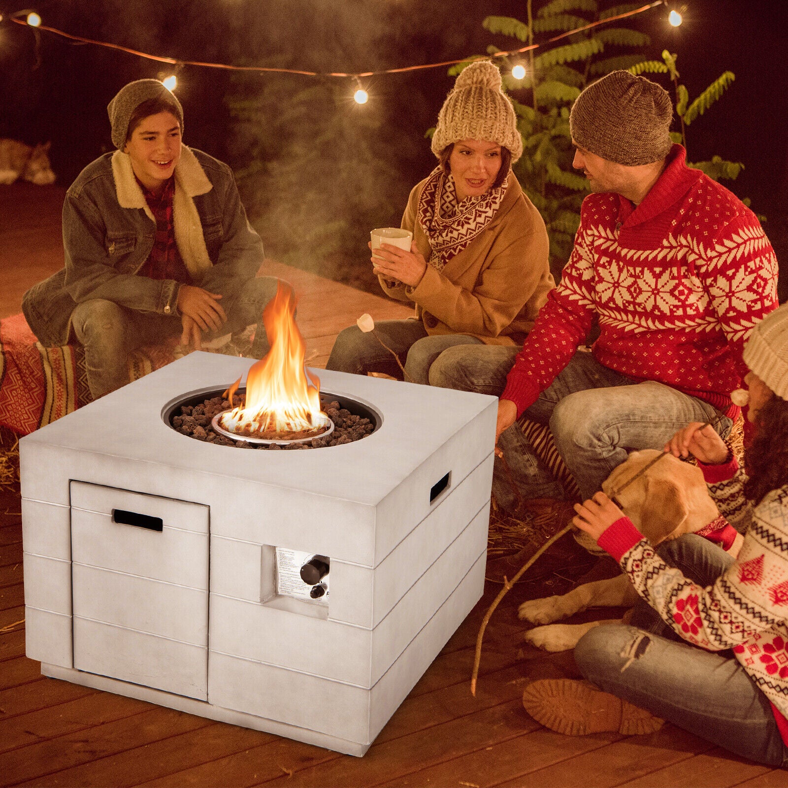 Cozy gathering around the 34" Square Concrete Propane Fire Pit Table, featuring a warm flame and lava rocks, perfect for outdoor entertainment.