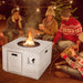 Cozy gathering around the 34" Square Concrete Propane Fire Pit Table, featuring a warm flame and lava rocks, perfect for outdoor entertainment.