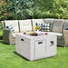 34" Square Concrete Propane Fire Pit Table shown in a garden setting with seating, perfect for outdoor entertaining with a 50,000 BTU heat output.