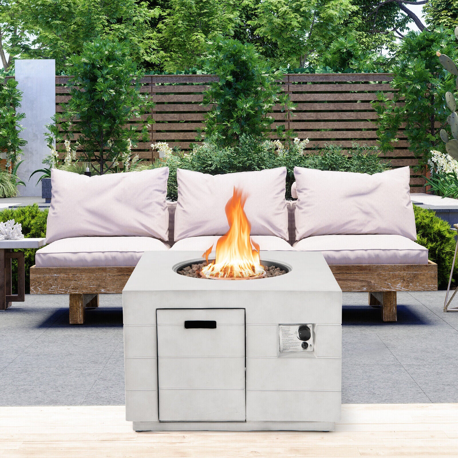 Elegant 34" Square Concrete Propane Fire Pit Table in a stylish patio setting, designed for a relaxing outdoor experience.