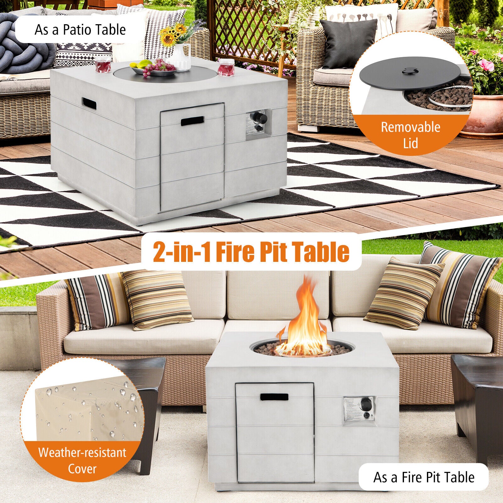 34" Square Concrete Propane Fire Pit Table showcased as a versatile 2-in-1 patio table and fire pit with a removable lid, ideal for summer and winter use.