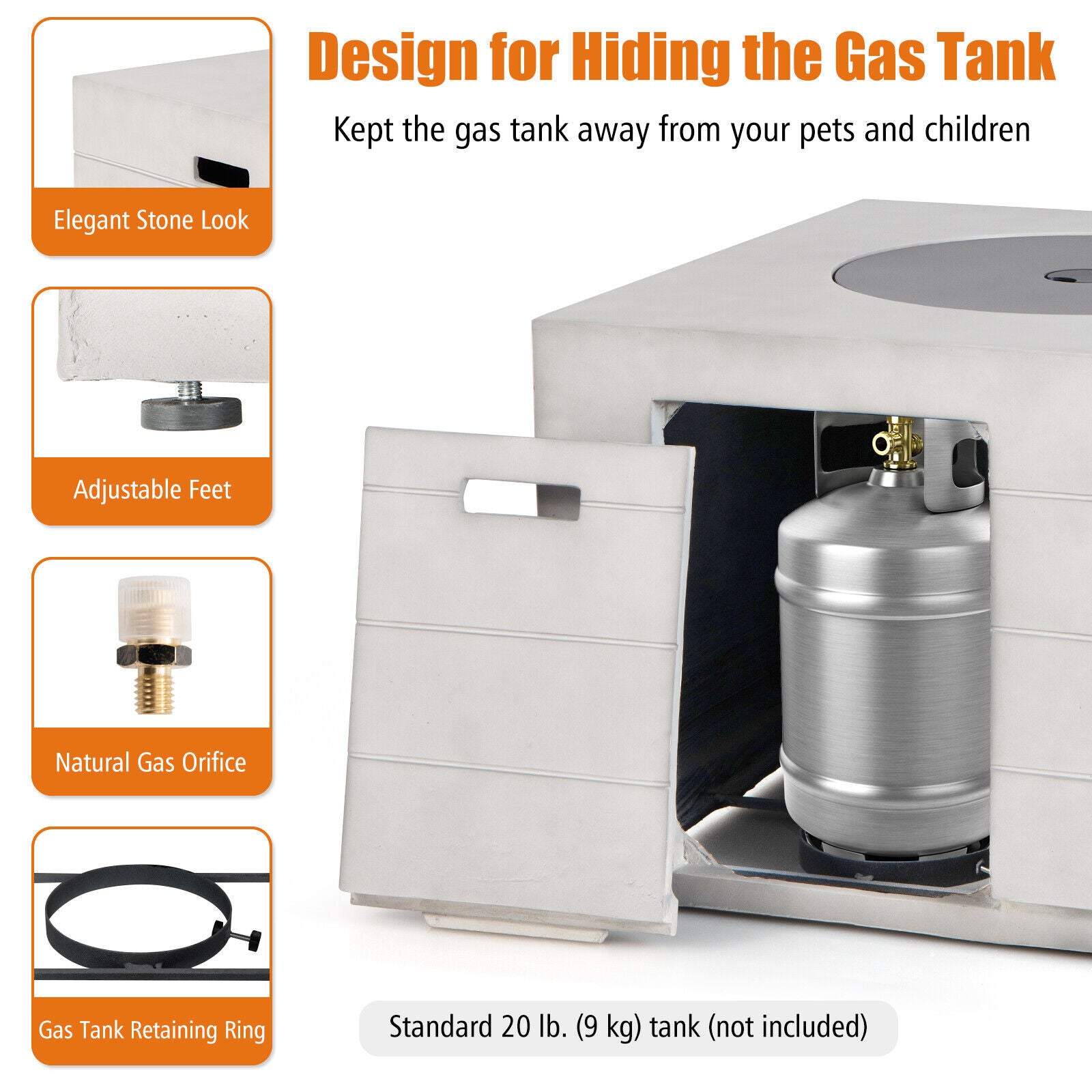 Design details of the 34" Square Concrete Propane Fire Pit Table highlighting hidden gas tank storage and elegant look, ensuring safety and convenience.
