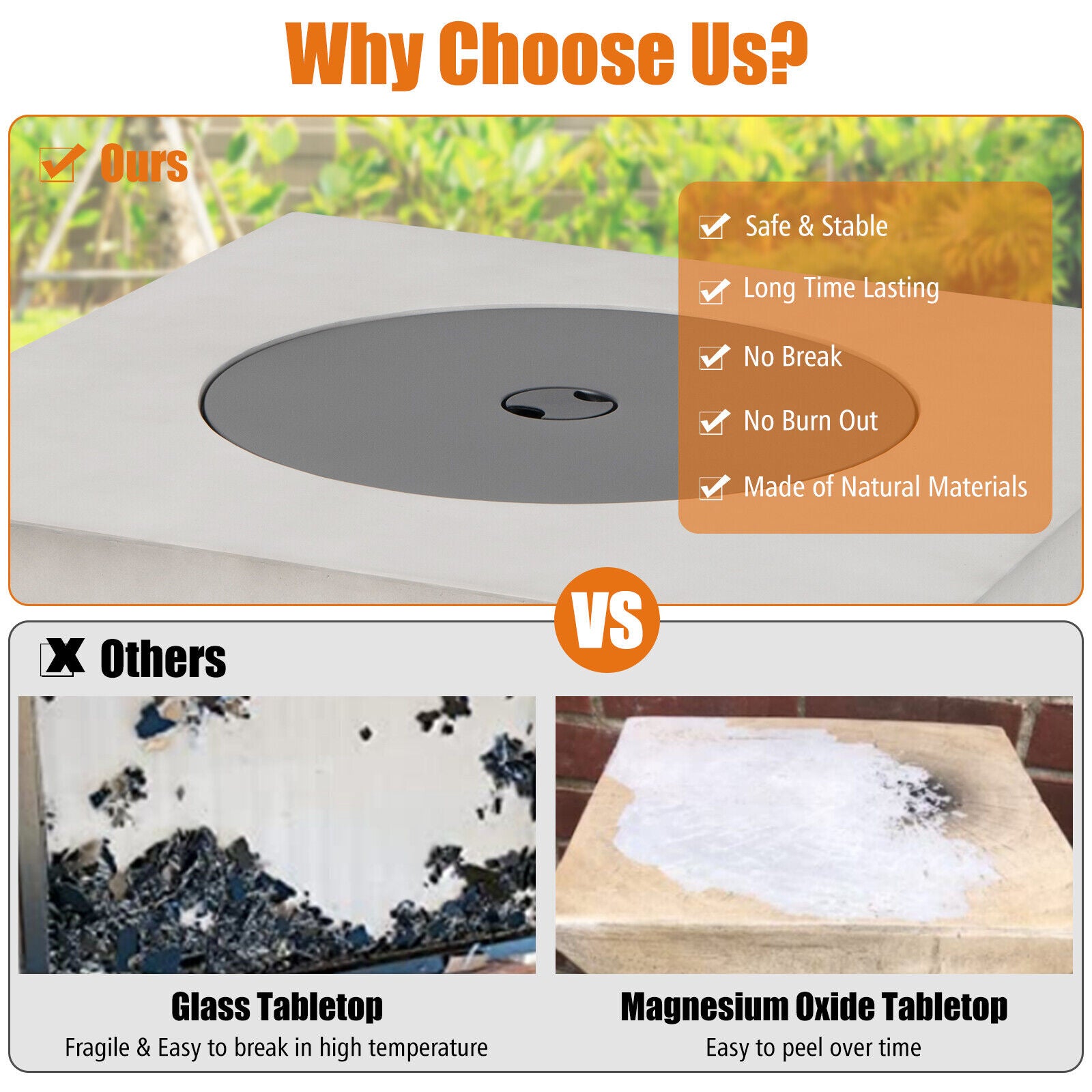Comparison of the 34" Square Concrete Propane Fire Pit Table with others, showcasing its durable and safe design made from natural materials.