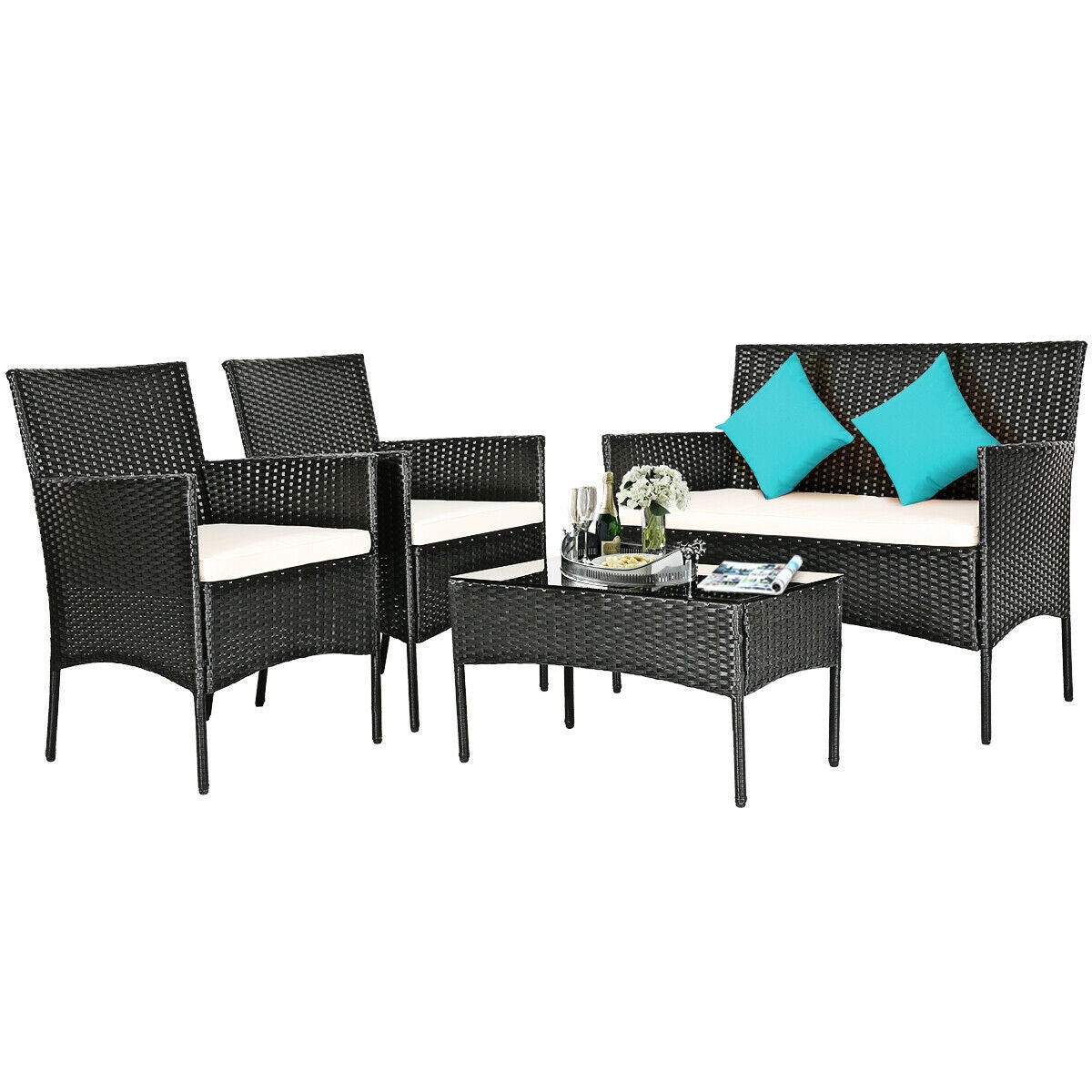 4-Pc Outdoor Patio Rattan Sofa Set with Cushions featuring a stylish white design, including a loveseat, two single chairs, and a glass top table, set against a bright, clean background with decorative cushions and drinks.