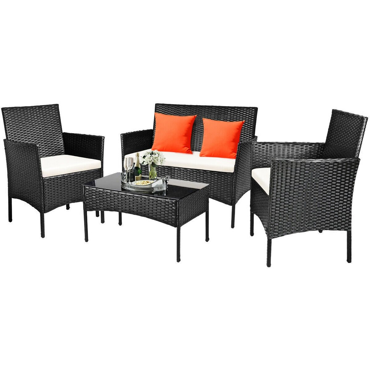 4-Pc Outdoor Patio Rattan Sofa Set with Cushions featuring a black woven design with orange cushions, perfect for stylish outdoor lounging.