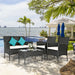 4-Pc Outdoor Patio Rattan Sofa Set with Cushions arranged by a pool, highlighted with turquoise cushions and scenic outdoor views.