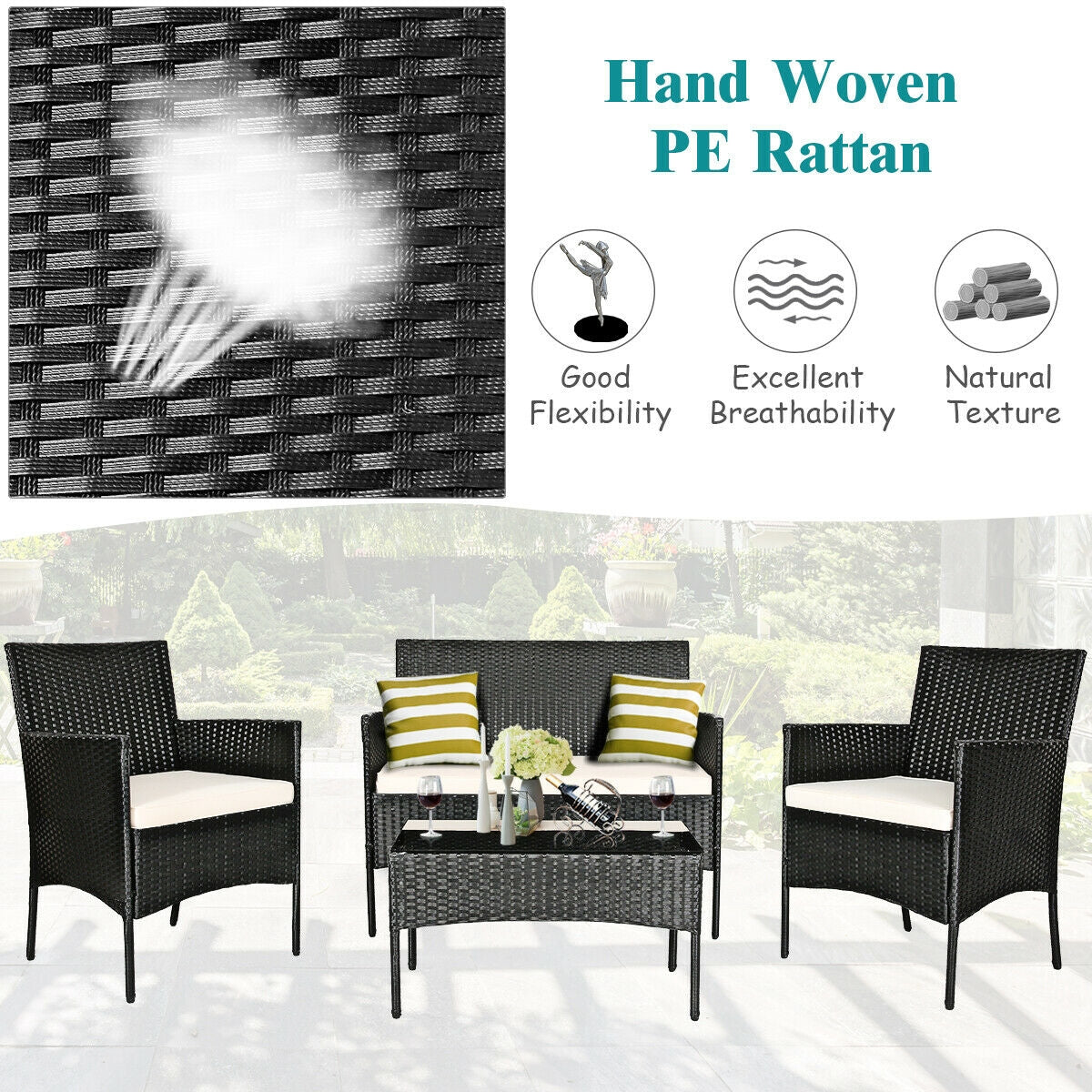 Close-up of the hand-woven PE rattan material used in the 4-Pc Outdoor Patio Rattan Sofa Set with Cushions, showcasing its excellent flexibility, breathability, and natural texture for outdoor durability.