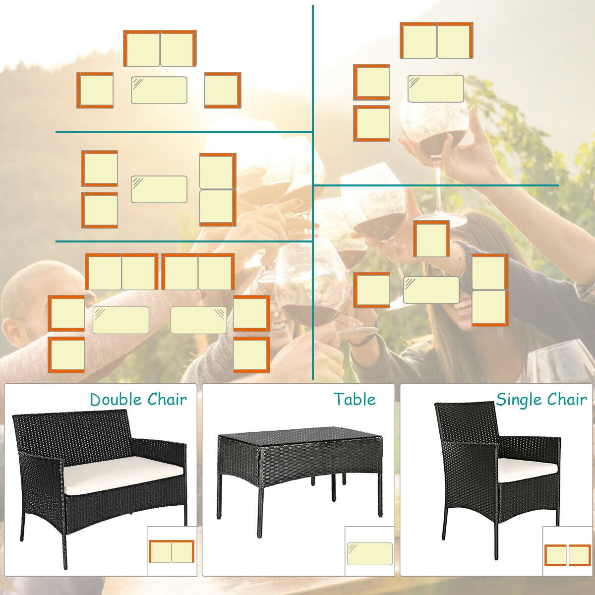 Layout and arrangement ideas for the 4-Pc Outdoor Patio Rattan Sofa Set with Cushions, featuring double chairs, a table, and a single chair design.