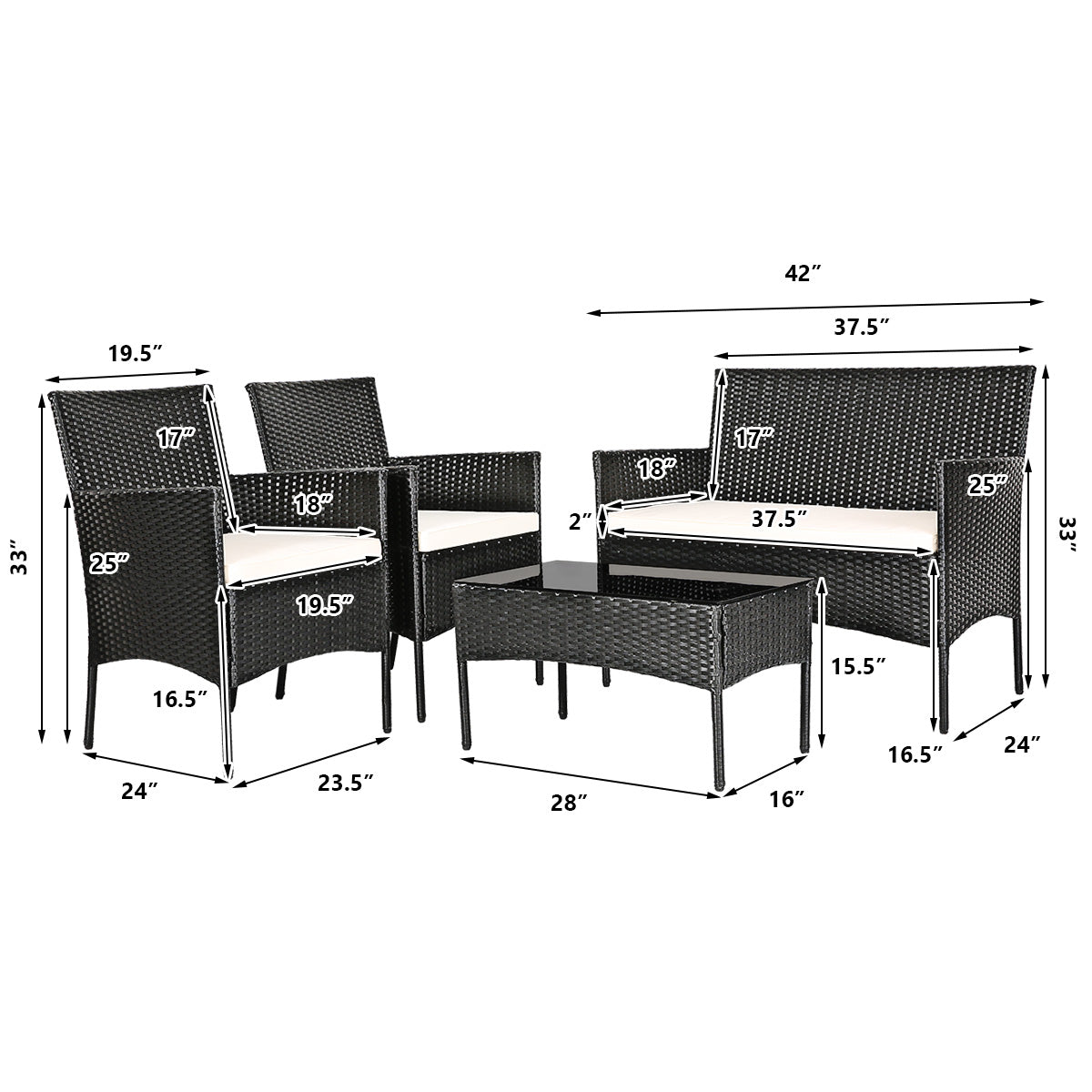 Dimensions image for the 4-Pc Outdoor Patio Rattan Sofa Set with Cushions, showcasing the size specifications of the black rattan furniture pieces.