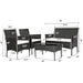 Dimensions image for the 4-Pc Outdoor Patio Rattan Sofa Set with Cushions, showcasing the size specifications of the black rattan furniture pieces.