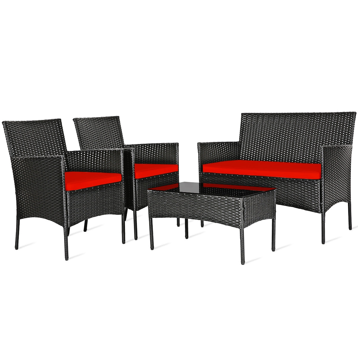Close-up view of the 4 Piece Red Patio Rattan Sofa Set with Cushions & Glass Table, highlighting the elegant design and vibrant red cushions.