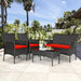Stylish 4 Piece Red Patio Rattan Sofa Set with Cushions & Glass Table, positioned in a sunny patio environment, perfect for relaxation.