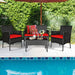 4 Piece Red Patio Rattan Sofa Set with Cushions & Glass Table featuring two single chairs and a loveseat around a glass-top coffee table by the pool. Ideal for outdoor relaxation.