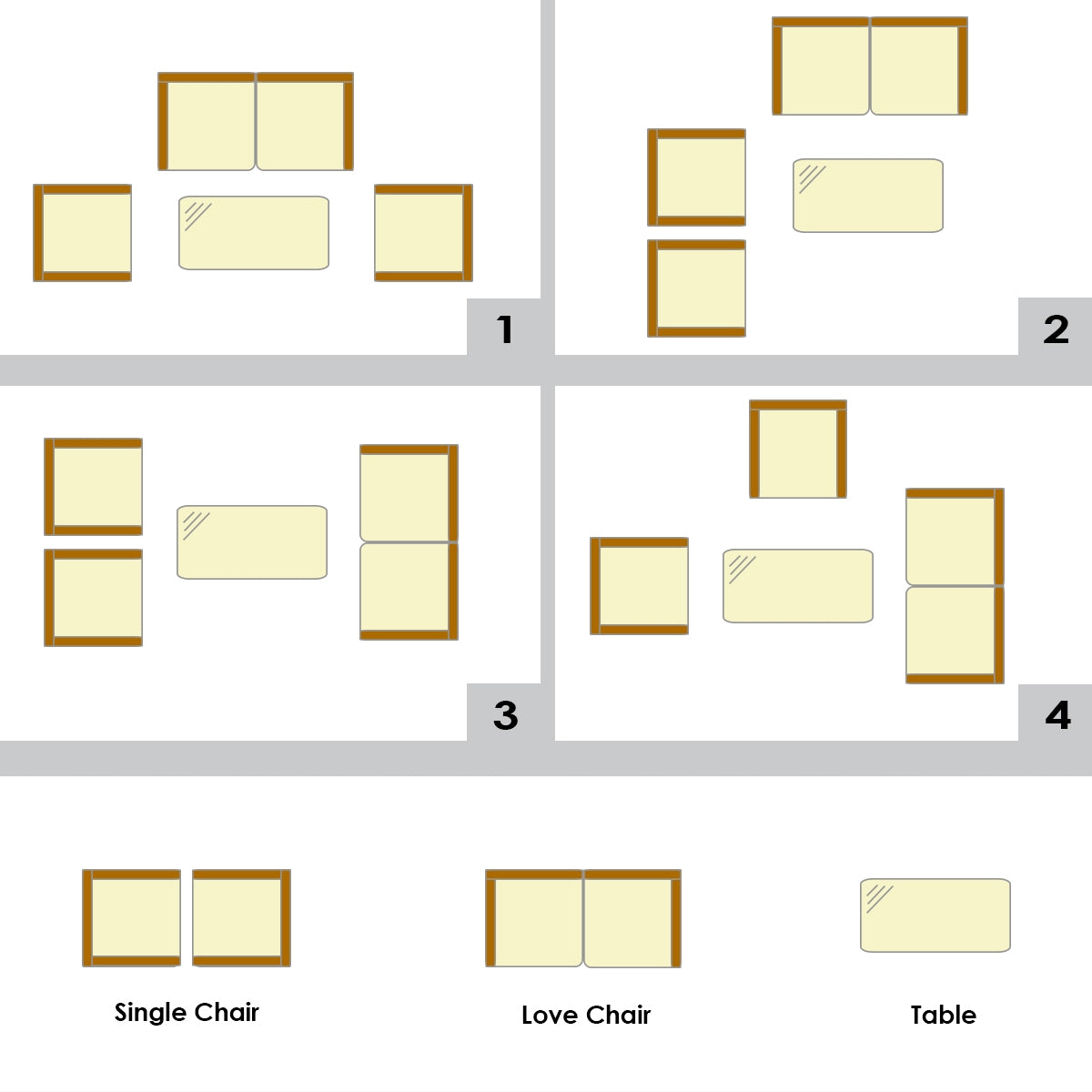 Layout options for the 4 Piece Red Patio Rattan Sofa Set with Cushions & Glass Table, demonstrating versatile arrangements for outdoor spaces.