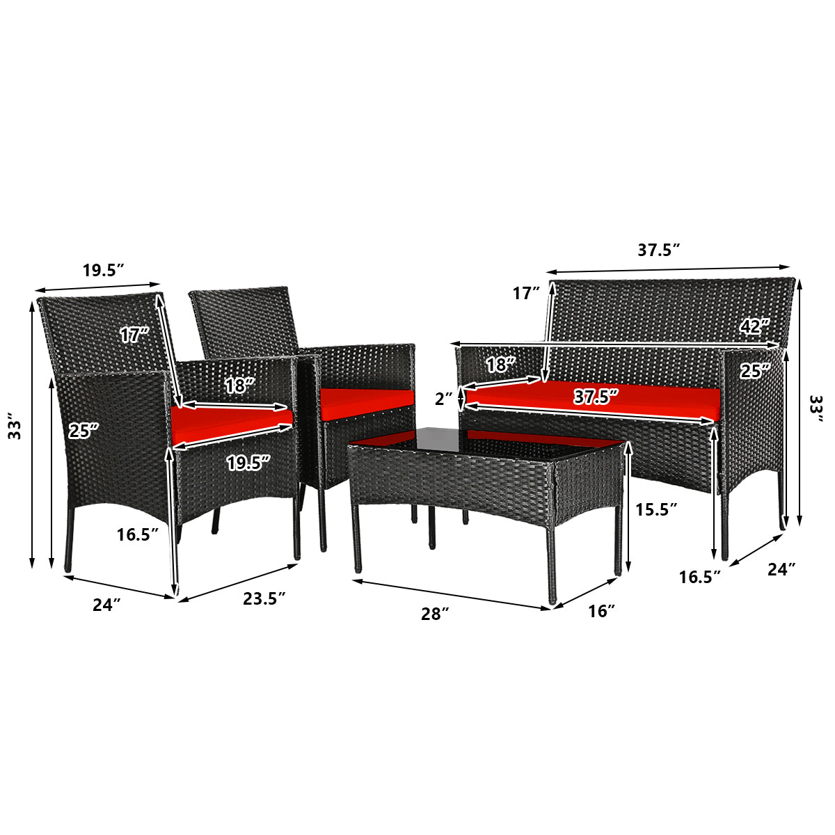 Dimensions guide for the 4 Piece Red Patio Rattan Sofa Set with Cushions & Glass Table, showcasing the sizes of each seating piece and the coffee table.