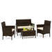 4-Piece Beige Patio Rattan Conversation Set with Cushions, Glass Table & Ergonomic Design arranged elegantly, showcasing the plush cushions and glass-topped table.