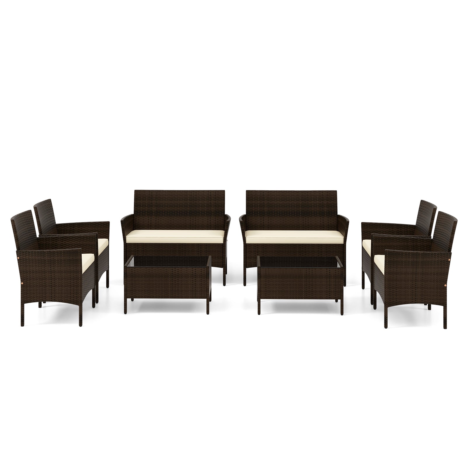 4-Piece Beige Patio Rattan Conversation Set with Cushions, Glass Table & Ergonomic Design showcasing the full set layout in a cozy outdoor environment with ample seating.