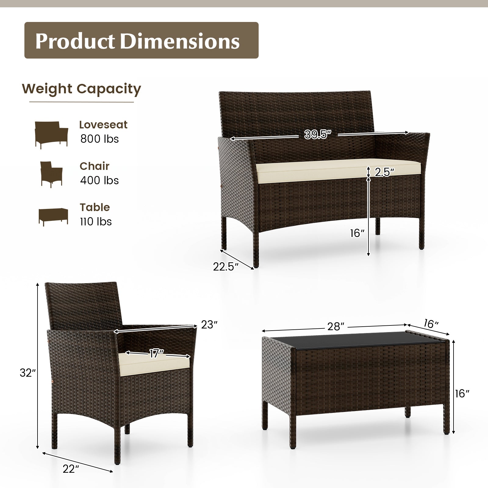 Product Dimensions for 4-Piece Beige Patio Rattan Conversation Set with Cushions, Glass Table & Ergonomic Design, displaying measurements and weight capacity details.