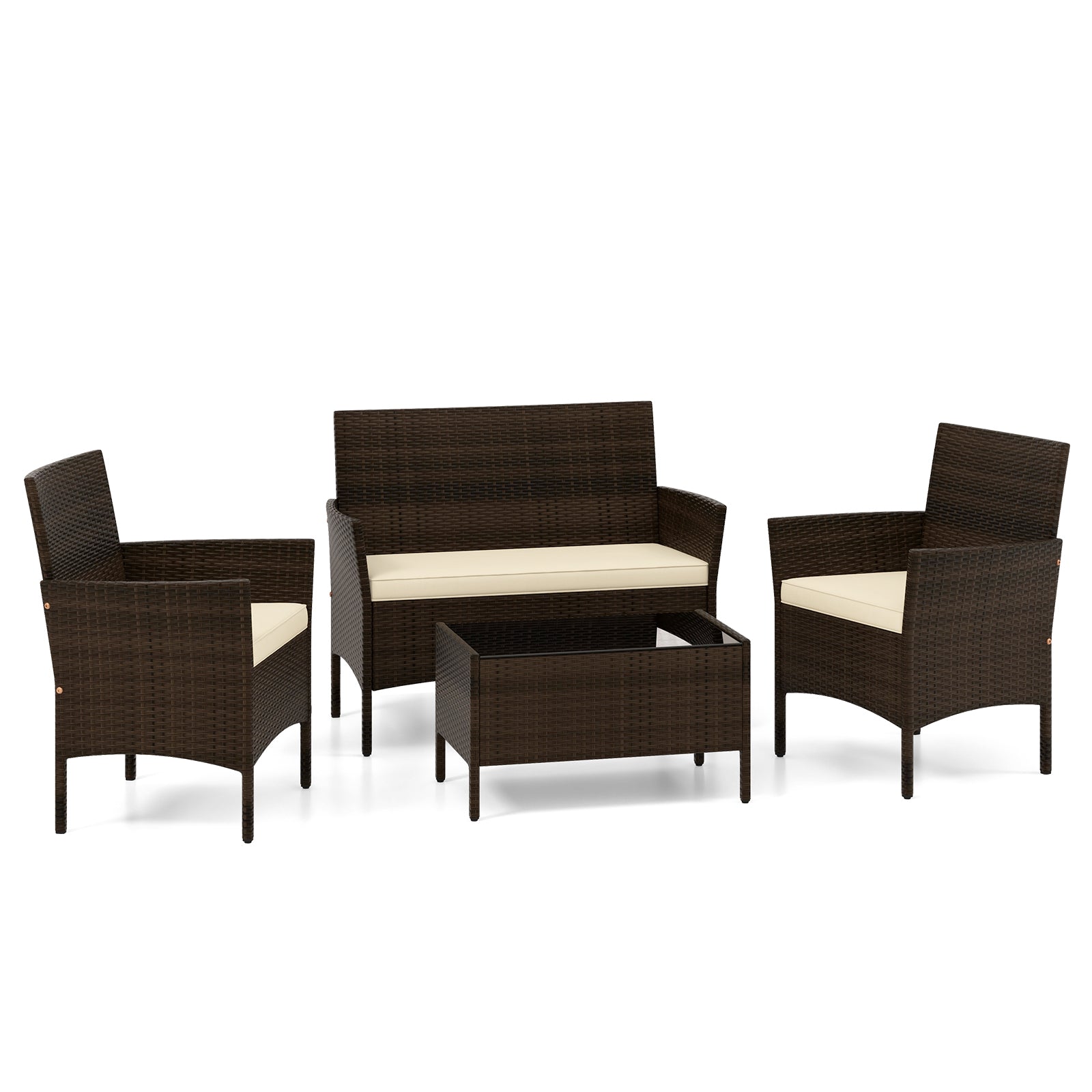 4-Piece Beige Patio Rattan Conversation Set with Cushions, Glass Table & Ergonomic Design against a white background, showcasing its stylish design.