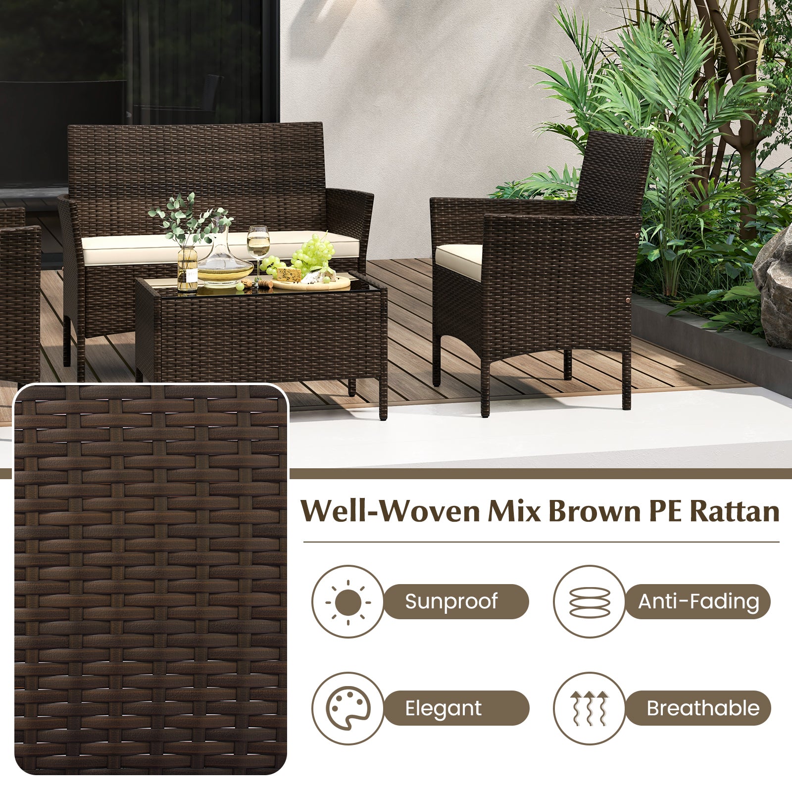 Close-up of the wicker texture of the 4-Piece Beige Patio Rattan Conversation Set with Cushions, Glass Table & Ergonomic Design, highlighting its elegant and breathable design.