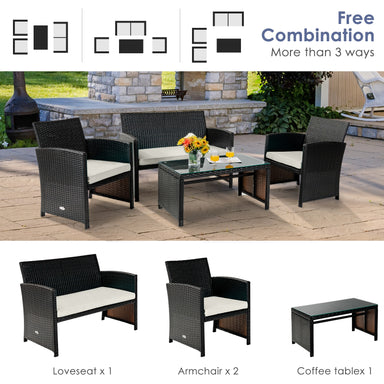 4-Piece Weather-Resistant Rattan Patio Seating Set with Cushions & Glass Coffee Table arranged in a versatile setup, showing the loveseat, two armchairs, and coffee table, set on a stone patio with vibrant flowers.