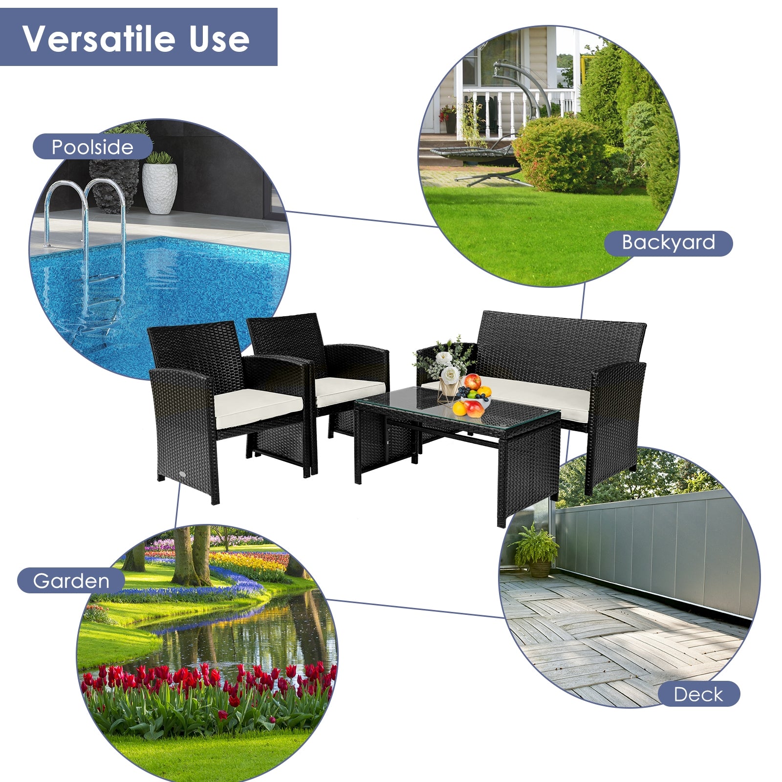 4-Piece Weather-Resistant Rattan Patio Seating Set with Cushions & Glass Coffee Table displayed in versatile outdoor settings, including poolside, backyard, garden, and deck.